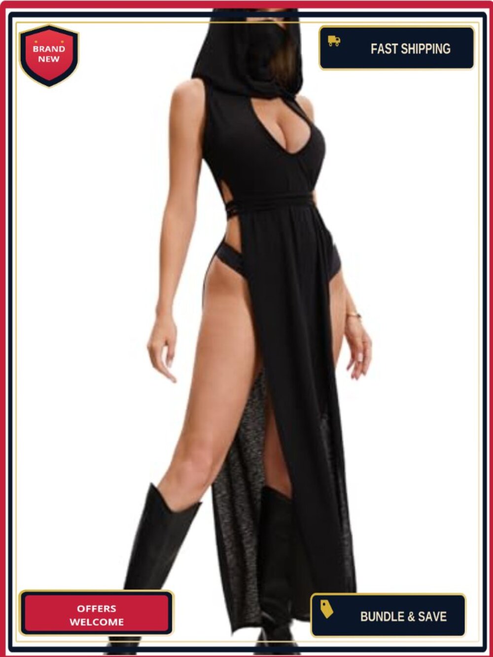 Gothic Rave Hooded Long Dress Sexy Club Festival Bodycon Slit